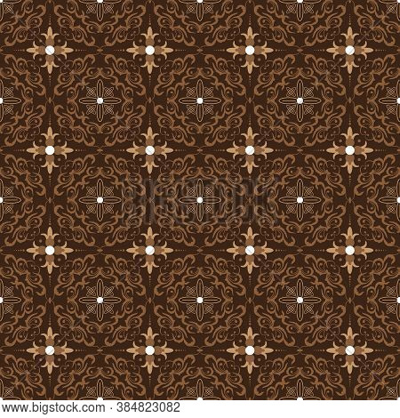 Modern Motifs In Jogja Batik Style With Seamless Dark Brown Background Design.