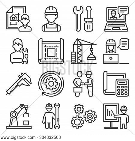 Engineering And Manufacturing Icons Set On White Background. Vector