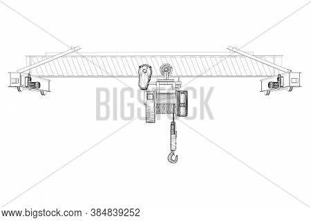 Wireframe Of Lifting Stationary Crane From Black Lines Isolated On White Background. 3d. Front View.