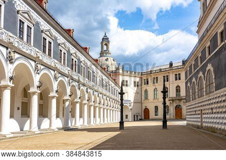 Dresden Castle With Frauenkirche (church Of Our Lady) Dome At Background In Dresden, Germany - May 2