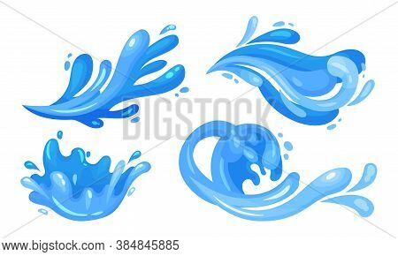 Blue Curved Water Splashes With Drops Vector Set