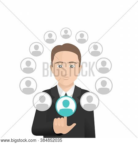 Social Media Concept - Businessman With Avatars Of People Profiles (icons) Around  - Social Network 