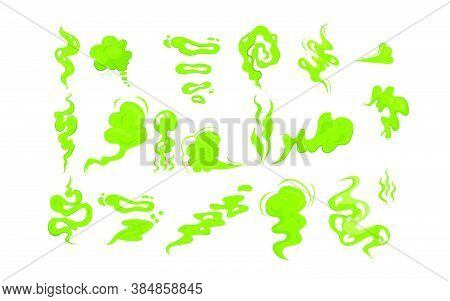 Stinky Smoke Samples Set. Green Fart Clouds, Toxic Steam, Odor. Vector Illustration For Bad Smell, D