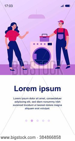 Technical Service Worker Repairing Washing Machine. Home, Overall, Tool Box Flat Vector Illustration