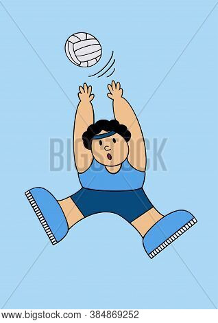 Vector Cartoon Illustration Of A Man Playing Volleyball.