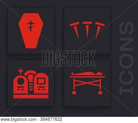 Set Dead Body In The Morgue, Coffin With Cross, Metallic Nails And Grave With Tombstone Icon. Vector