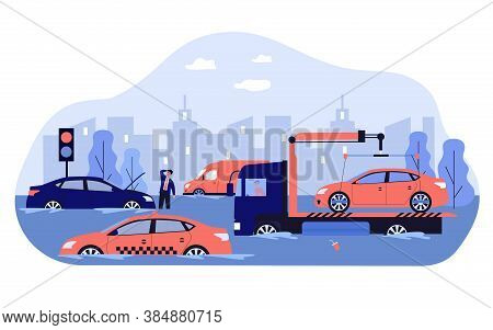 Heavy Rain And Water Flood Damaging Cars, Road And City Traffic. Tow Truck Carrying Broken Vehicle. 