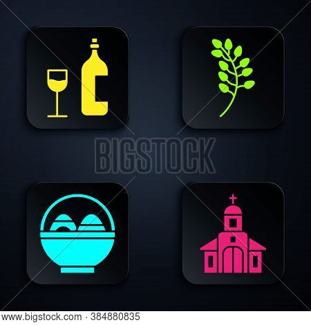 Set Church Building, Wine Bottle With Glass, Basket With Easter Eggs And Willow Leaf. Black Square B