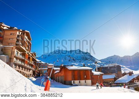 Winter Ski Resort In Alps. Val Thorens Village, 3 Valleys Ski Resort, France. Beautiful Mountains An
