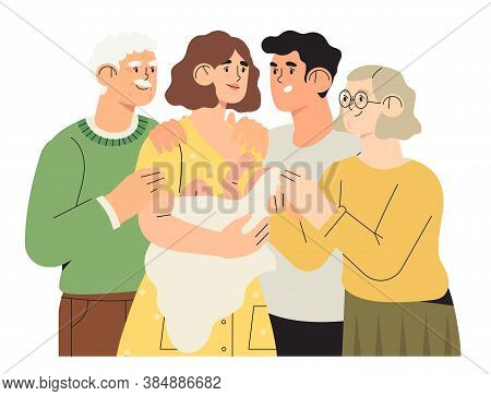 Happy Family Portrait, Motherhood, Fatherhood Concept. Happy Father Mother Grandmother Grandfather A