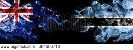New Zealand Vs Botswana, Botswanan Smoky Mystic Flags Placed Side By Side. Thick Colored Silky Abstr