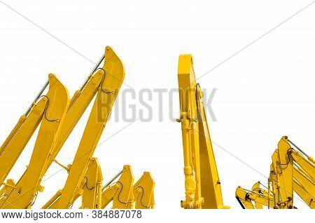 Yellow Backhoe With Hydraulic Piston Arm Isolated On White. Heavy Machine For Excavation In Construc