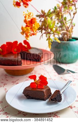 Slice Chocolate Cake Edible Flowers Mousse Tasty Dish