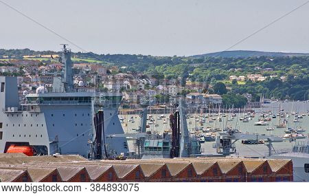 25 July 2018 - Falmouth, Cornwall, Uk: Falmouth Harbour, With A Naval Vessel In Dock. View From Melv