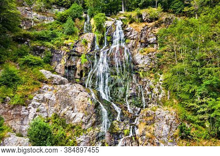Aerial View Of Todtnau Waterfall In The Black Forest Mountains. One Of The Highest Waterfalls In Ger