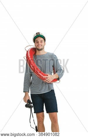 Holding Lifeline And Binocular. Caucasian Male Sailor In Uniform On White Background. Young Man Usin