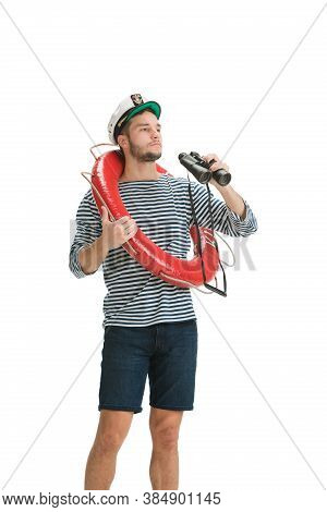 Holding Lifeline And Binocular. Caucasian Male Sailor In Uniform On White Background. Young Man Usin