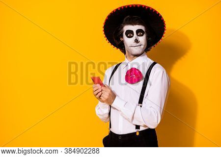 Close-up Portrait Of His He Nice Handsome Cheery Funny Spooky Guy Caballero Using Device Gadget App 