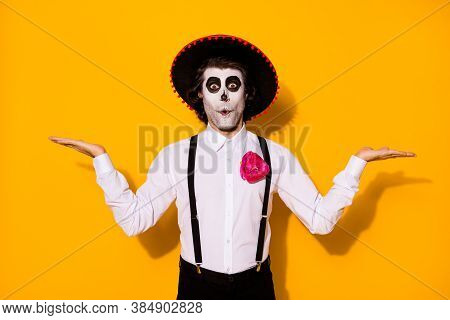 Photo Of Creepy Zombie Guy Hands Hold Two Hands Empty Space Excited Surprise Good Options Dead Men W