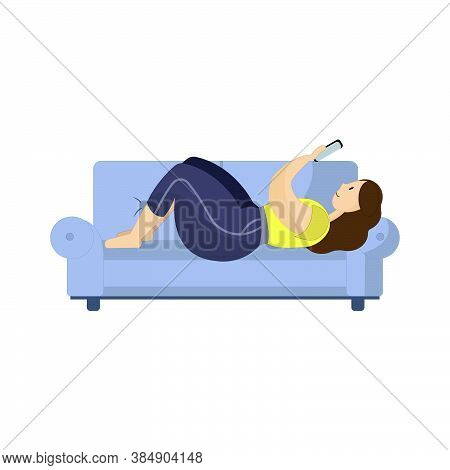 An Illustration Of A Woman Laying On A Couch With Her Smartphone. Curvy Lady Relaxing Home. Body Pos