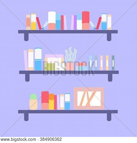 Three Bookshelves With Different Books, A Vector Graphics