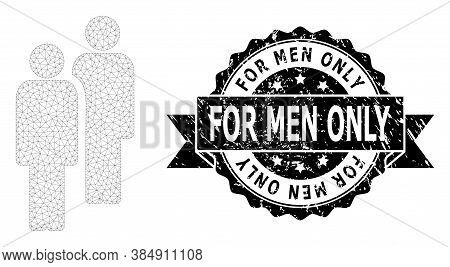 For Men Only Scratched Stamp And Vector Men Mesh Model. Black Stamp Has For Men Only Tag Inside Ribb