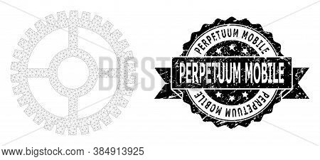 Perpetuum Mobile Dirty Stamp Seal And Vector Clock Cog Mesh Structure. Black Seal Has Perpetuum Mobi