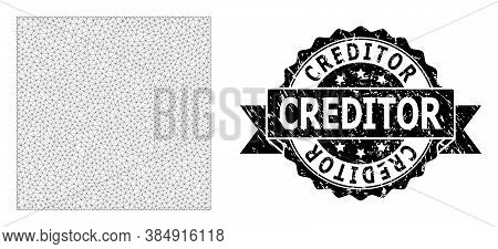 Creditor Corroded Stamp Seal And Vector Square Shape Mesh Structure. Black Stamp Seal Includes Credi