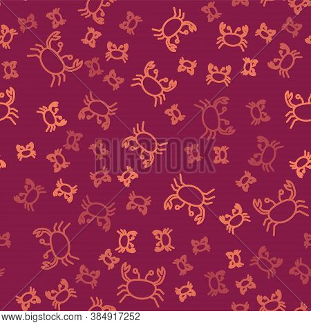 Brown Line Crab Icon Isolated Seamless Pattern On Red Background. Vector