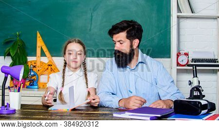 School Teacher And Schoolgirl. Talented Pedagogue. Work Together To Accomplish More. Man Bearded Ped
