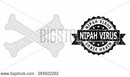 Nipah Virus Unclean Stamp And Vector Crossing Bones Mesh Structure. Black Stamp Has Nipah Virus Tag 