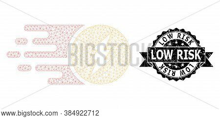 Low Risk Textured Stamp And Vector Electric Charge Mesh Model. Black Stamp Seal Has Low Risk Text In