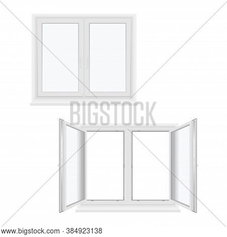 Windows Plastic Double-leaf Open And Closed Models For Glazing Ads Realistic Set. Pvc Constructions.