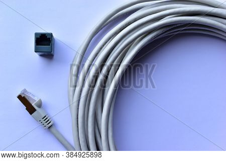 Lan Cable Patch Cord White Cord On White Background With Adapter