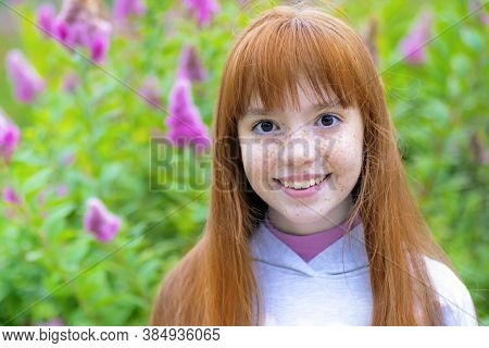 Portrait Of A Happy Red Haired Freckles Girl, Outdoor, Outside.