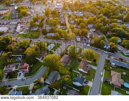 Aerial View Of The Residential Area Of Beautiful Suburb Of Home Dwelling And Road From A Height In U