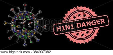 Glowing Mesh Web 5g Virus With Light Dots, And H1n1 Danger Unclean Rosette Stamp. Illuminated Vector