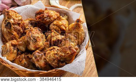 Brazilian Style Deep Fried Chicken. Called Frango A Passarinho. Selective Focus. Space For Text.