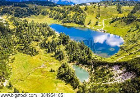 Großsee And Märchensee At The Tauplitzalm. Aerial View Of 2 Beautiful Idyllic Lakes In The European 