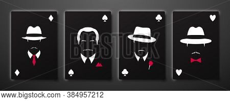 Four Aces With Mafia Men Silhouettes. Playing Card Set. Stock Vector Illustration.
