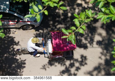 hanoi, vietnam Aug 28,2016: dailylife in vietnam. Tourist look around Hanoi's Old Quarter by pedicad
