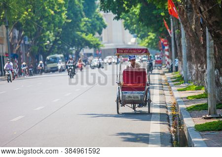 hanoi, vietnam Aug 28,2016: dailylife in vietnam. Tourist look around Hanoi's Old Quarter by pedicad