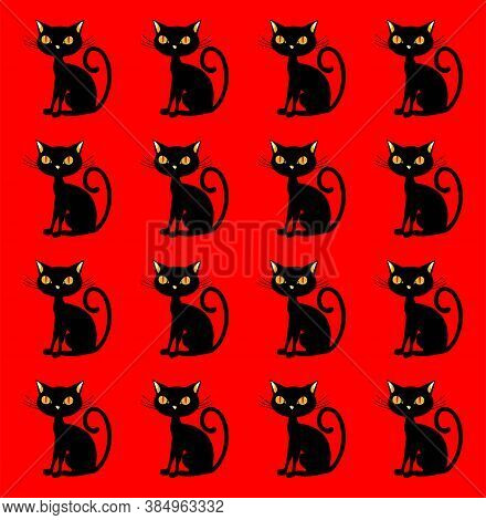 Black Cats On Red Background, Halloween Texture, Vector, Eps 10