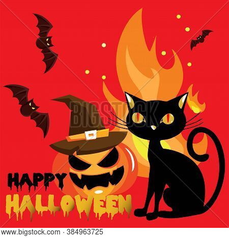 Happy Halloween Set With Bats, Pumpkin, Cat, Fire And Hat. Halloween Greeting Card, Vector, Eps 10