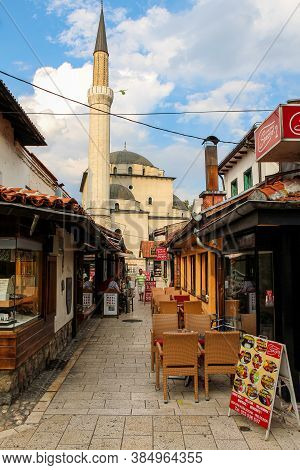 Sarajevo, Bosnia And Herzegovina - July 3rd 2018: Kujundziluk Street And Gazi Husrev-begova Mosque, 