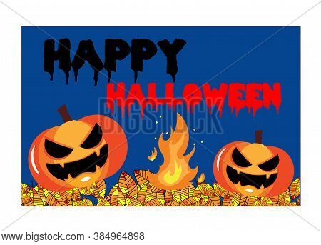 Halloween Banner Or Card With Pumpkin On Blue Background, Vector, Eps 10