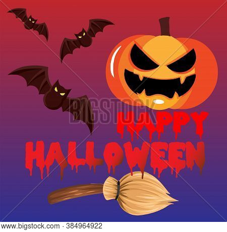 Halloween Banner With Pumpkin And Bat On Dark Background, Vector, Eps 10