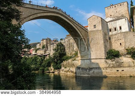 Mostar, Bosnia And Herzegovina - July 4th 2018: Close Up Of The Historic Arched Old Bridge Of Mostar
