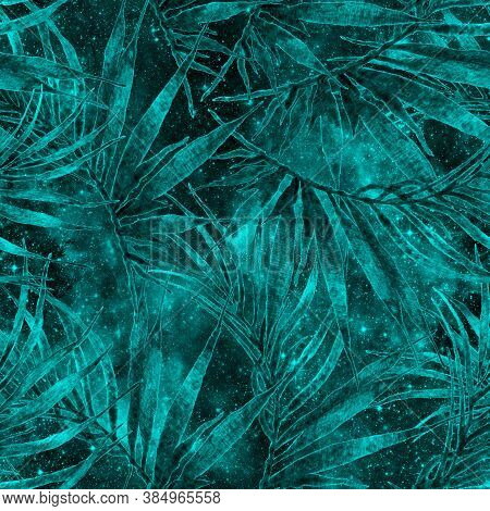 Palm Leaves Seamless Pattern. Fashion Hand Drawn Texture. Turquoise Cosmic Background. Palm Leaves S