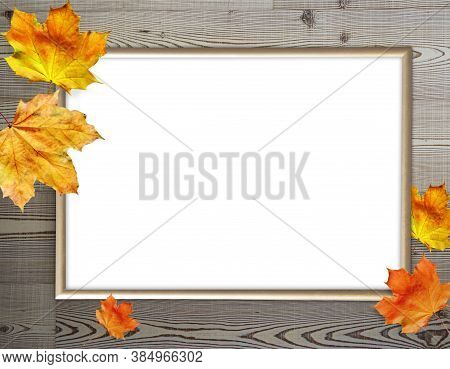 Gold Photo Frame On Wooden Background With Autumn Leaves, Mock Up